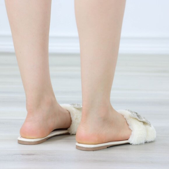 Beige Plush Glitter Bow Tie Fuzzy Flat Sandals Sliders - Picture 9 of 15